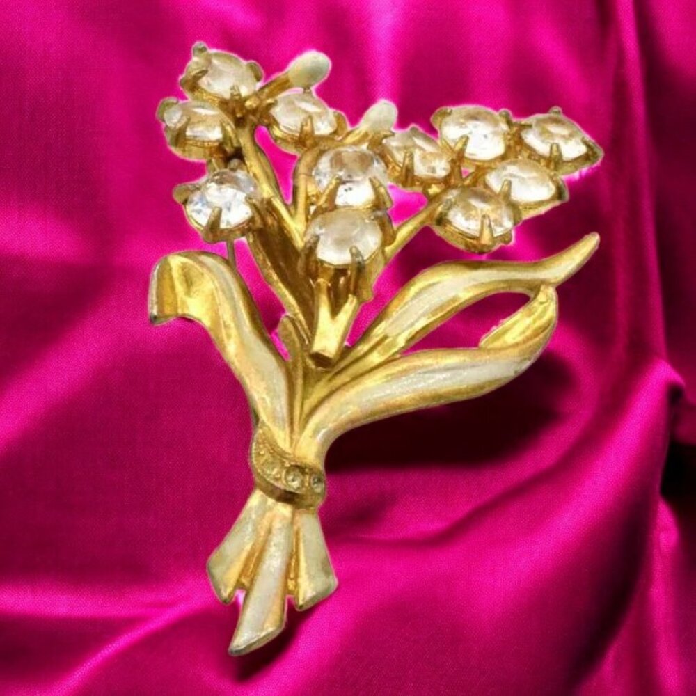 Vintage Crystal Rhinestone Floral Bouquet Brooch Enamel Gold Tone